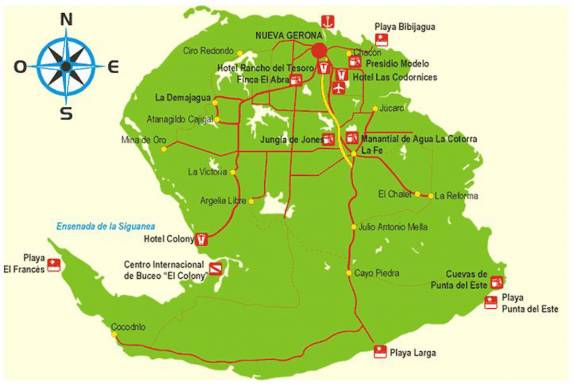 Mapa da Isla de La Juventud. Nueva Gerona está no norte e a Punta Frances no Oeste